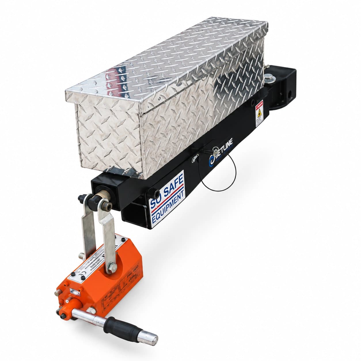 PowerLifter on white with its horizontal diamond-plate enclosure, receiver arm, silver linkage and orange lifting magnet.